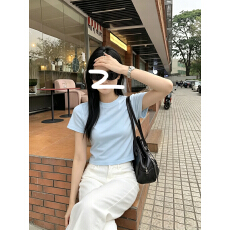 批发韩系纯色<b class='q'>宝宝</b>蓝色短款短袖t恤女夏季修身小个子上衣体恤