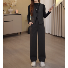 批发小个子<b class='q'>时尚</b>套装女2026秋季新款高级感显瘦马甲打底衫阔腿裤三件套