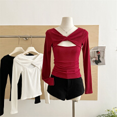 批发2026春款纯欲风设计纽结交叉镂空长袖打底衫女士修身显瘦体恤上衣