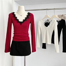 批发春款纯欲风设计前后2穿蕾丝镂空V领<b class='q'>长袖</b>打底衫女修身显瘦体恤上衣