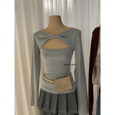 批发春上新！纽结镂空T恤女修身显瘦长袖内搭打底衫纯欲风上衣女