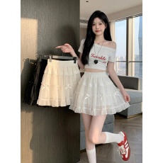 批发实拍白色蝴蝶结网纱半身裙<b class='q'>夏</b>高腰显瘦a字伞裙芭蕾风荷叶边蛋糕裙