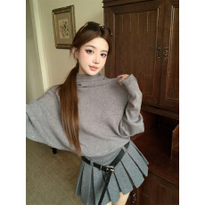 批发实拍实价 休闲堆堆领灰色针织上衣+短款皮带百褶短裙