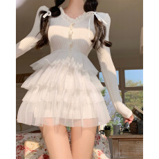 批发实拍实价 纯欲白月光花边<b class='q'>拼接</b>网纱蛋糕<b class='q'>连衣裙</b>