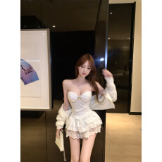 批发实拍实价 气质<b class='q'>蕾丝</b>拼接小钻抹胸蛋糕裙水貂毛外套