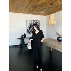 批发实拍实价 慵懒V领短袖T恤<b class='q'>上衣</b>套装显瘦休闲阔腿裤两件套