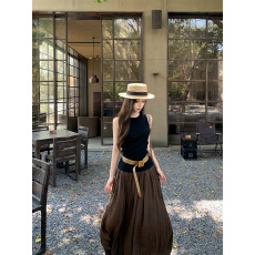 实拍实价 辣妹露背黑色无袖背心+镂空皮带复古咖啡色长裙