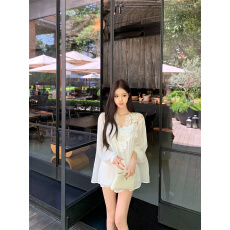 批发实拍实价 气质蕾丝雪纺喇叭袖V领衬衫吊带两件套