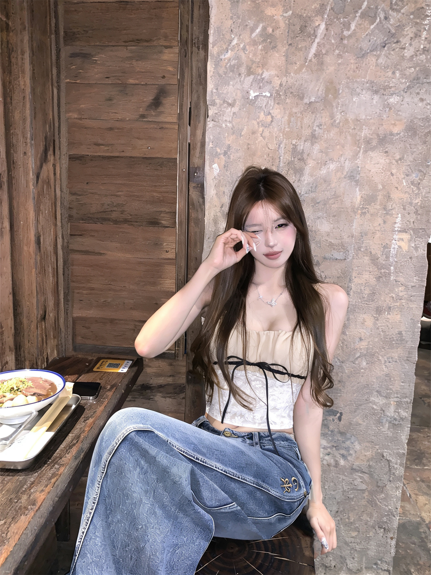 실사 정가 낭만적 인 기질 자카드 레이스업 튜브탑 맨위