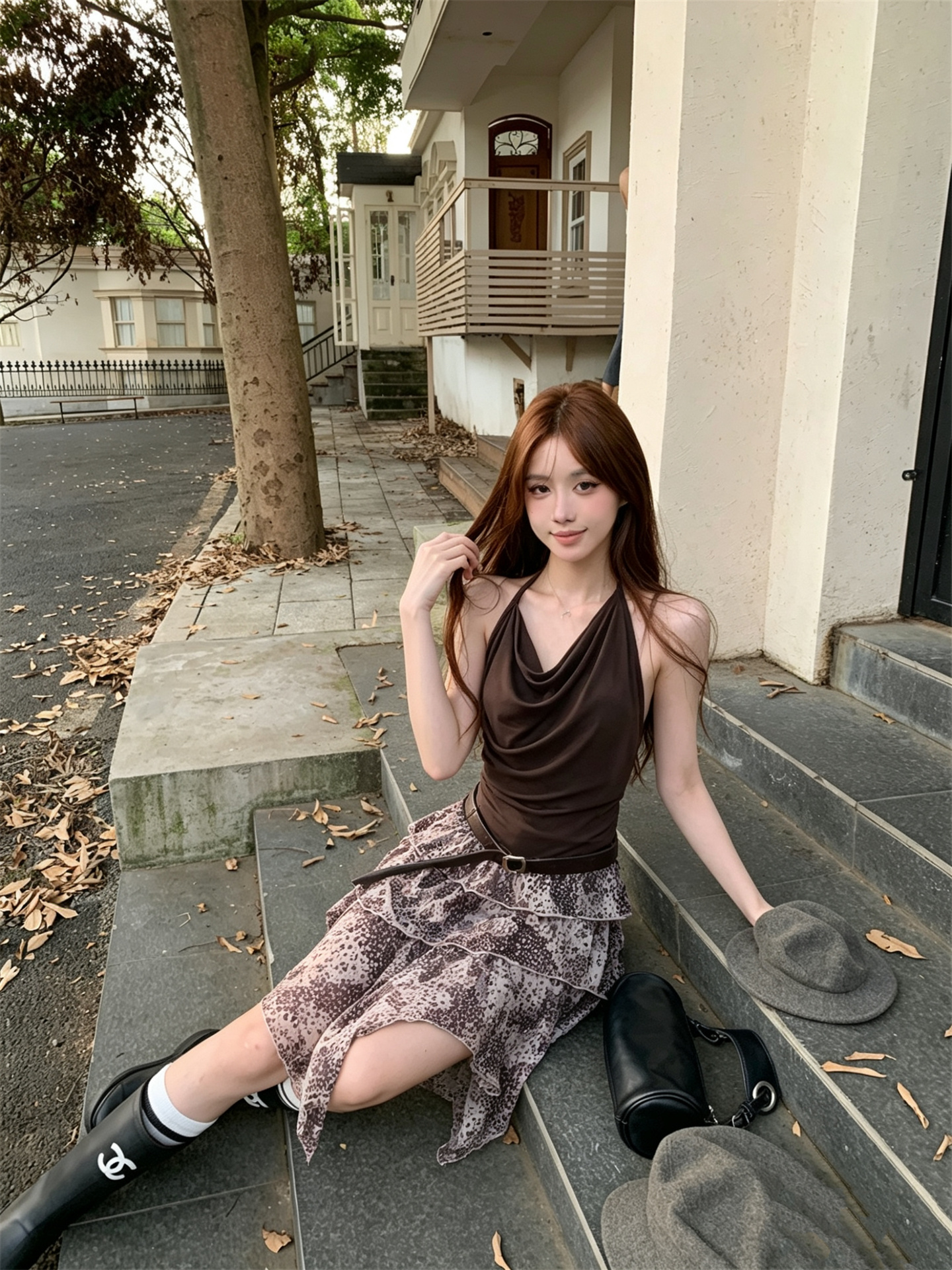 실사 정가 도파민 뜨거운 몸매 가꾸기 흔들다 칼라 행침 목 맨위 불규칙 레오파드 무늬 반신 스커트 투피스 세트