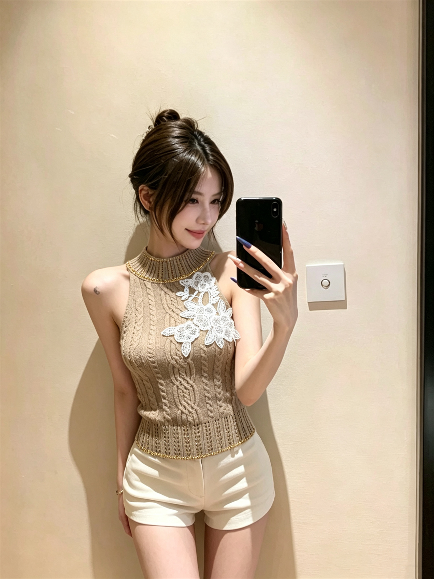 실사 정가 품격 민소매 핫픽스 흰 꽃 조끼 맨위