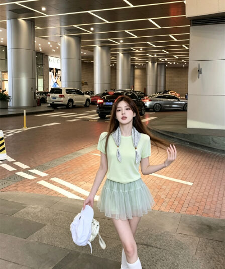 실사 정가 단색 연령 감소 부드러운 니트 맨위 망사 한 마디 다용도 반신 치마 세트 스카프