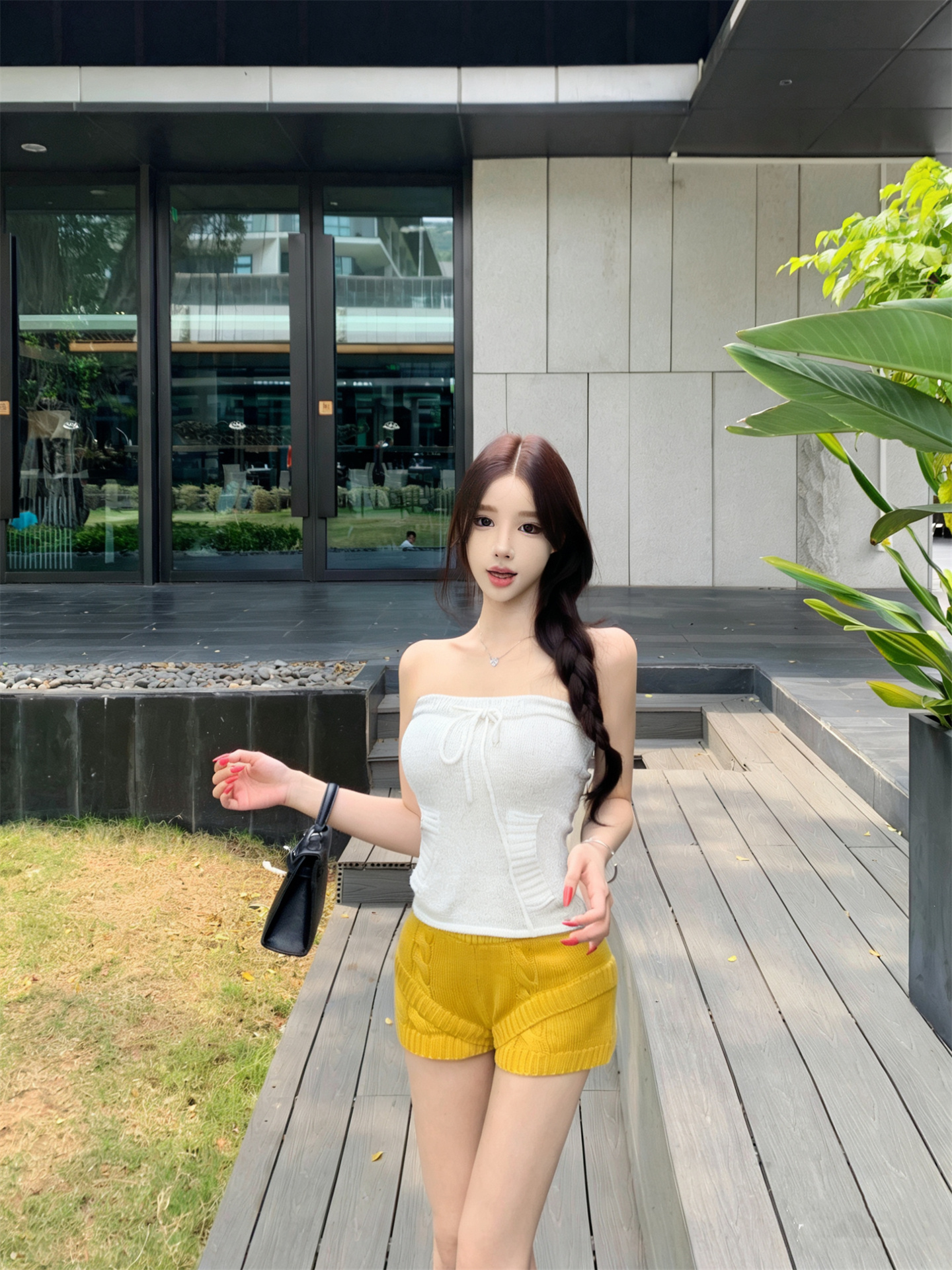 실사 정가 단색 나비 넥타이 허리 수축 니트 튜브탑 맨위