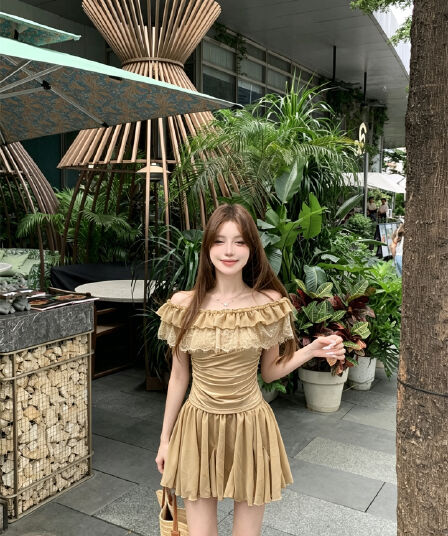 실사 정가 절묘한 레이스 조각 오프숄더 맨위 품격 프릴 도루 센스 미니 스커트