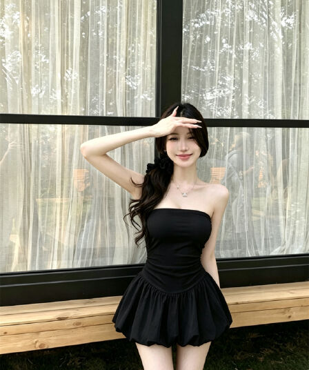 실사 정가 프랑스식 작은 대중 품격 튜브탑 몸매 가꾸기 슬림해 보이는 꽃밭 퍼프 드레스