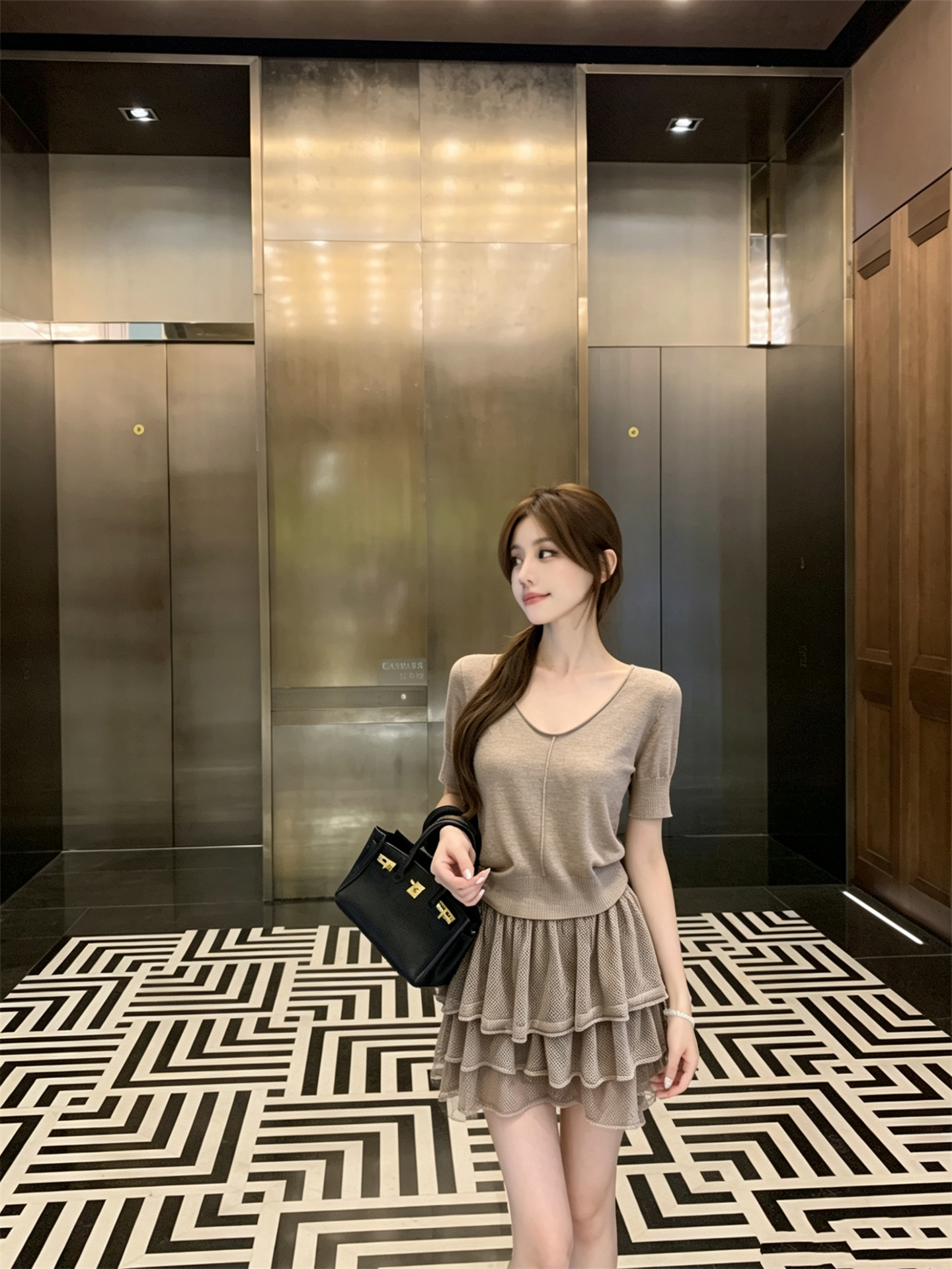 실사 정가 오래된 돈 바람 출퇴근 u 칼라 니트 반팔 품격 느슨함 센스 케이크 반신 치마 세트