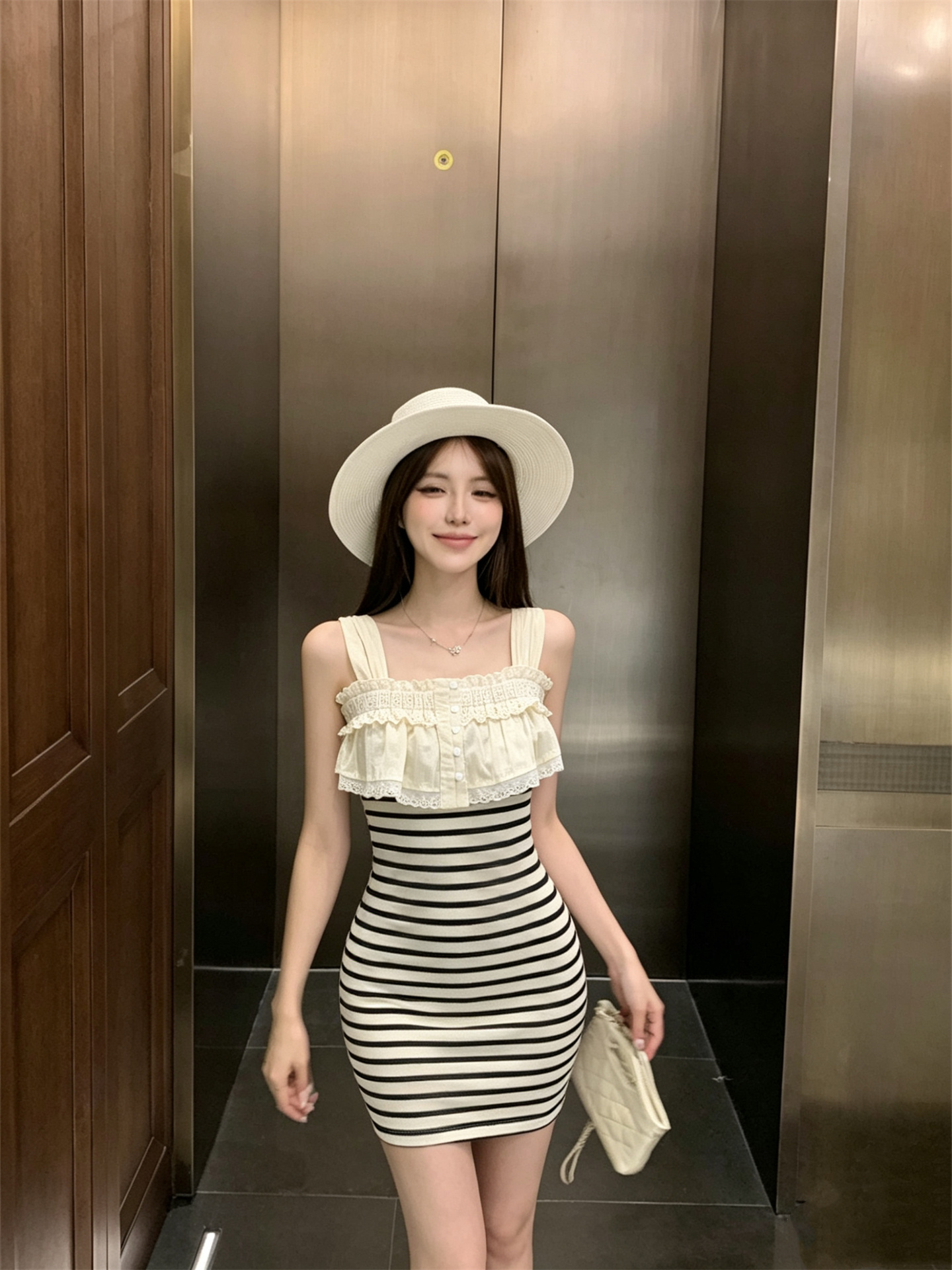 실사 정가 레이스 페이크 레이어드 패치워크 스트라이프 광장 칼라 몸매 가꾸기 슬립 드레스