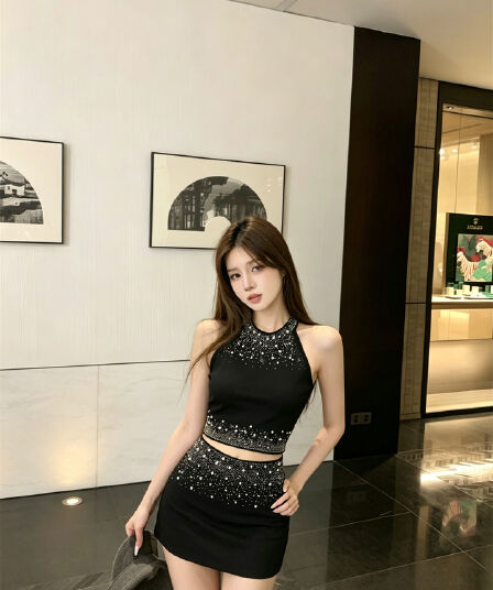 실사 정가 고급 센스 무거운 작업 비즈 박기 빛나는 행침 목 조끼 타이트 스커트 미니 스커트 세트