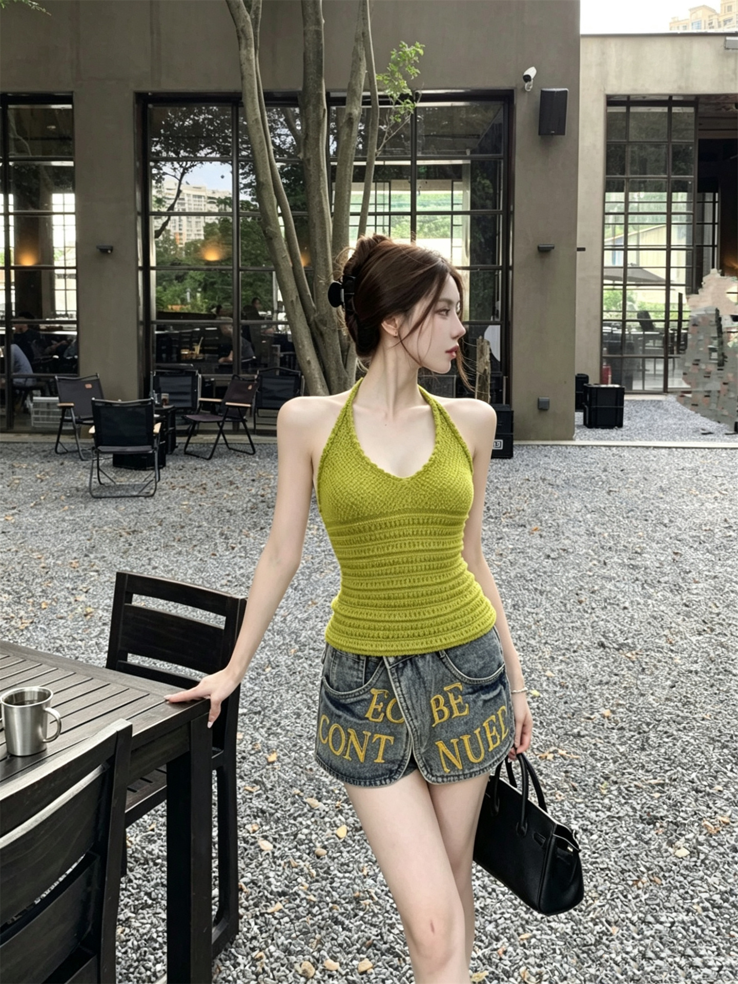 실사 정가 부드러운 부서 자수 니트 행침 목 백리스 레이스업 조끼