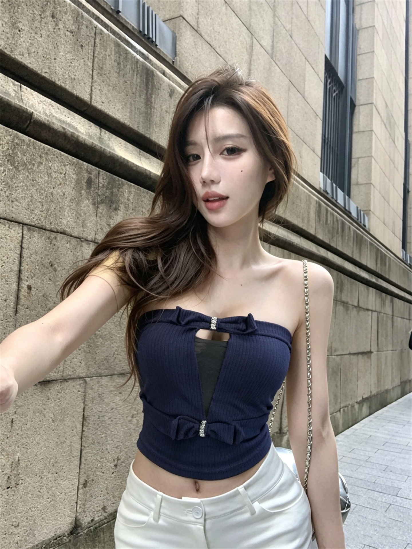 실사 정가 달콤한 매운맛 나비 매듭 홀로우 아웃 튜브탑 맨위