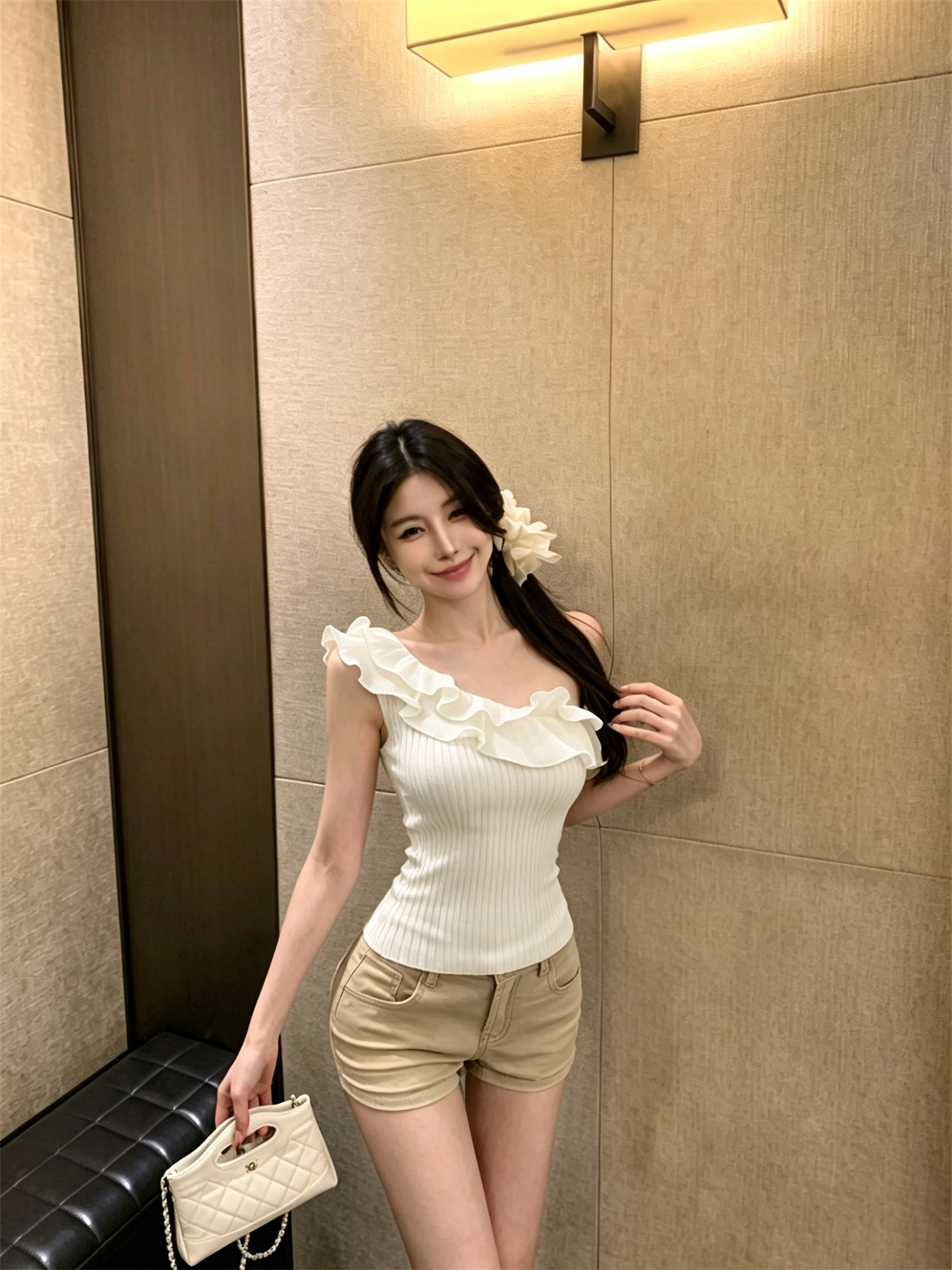 실사 정가 프릴 비스듬한 어깨 품격 몸매 가꾸기 슬림해 보이는 니트 맨위