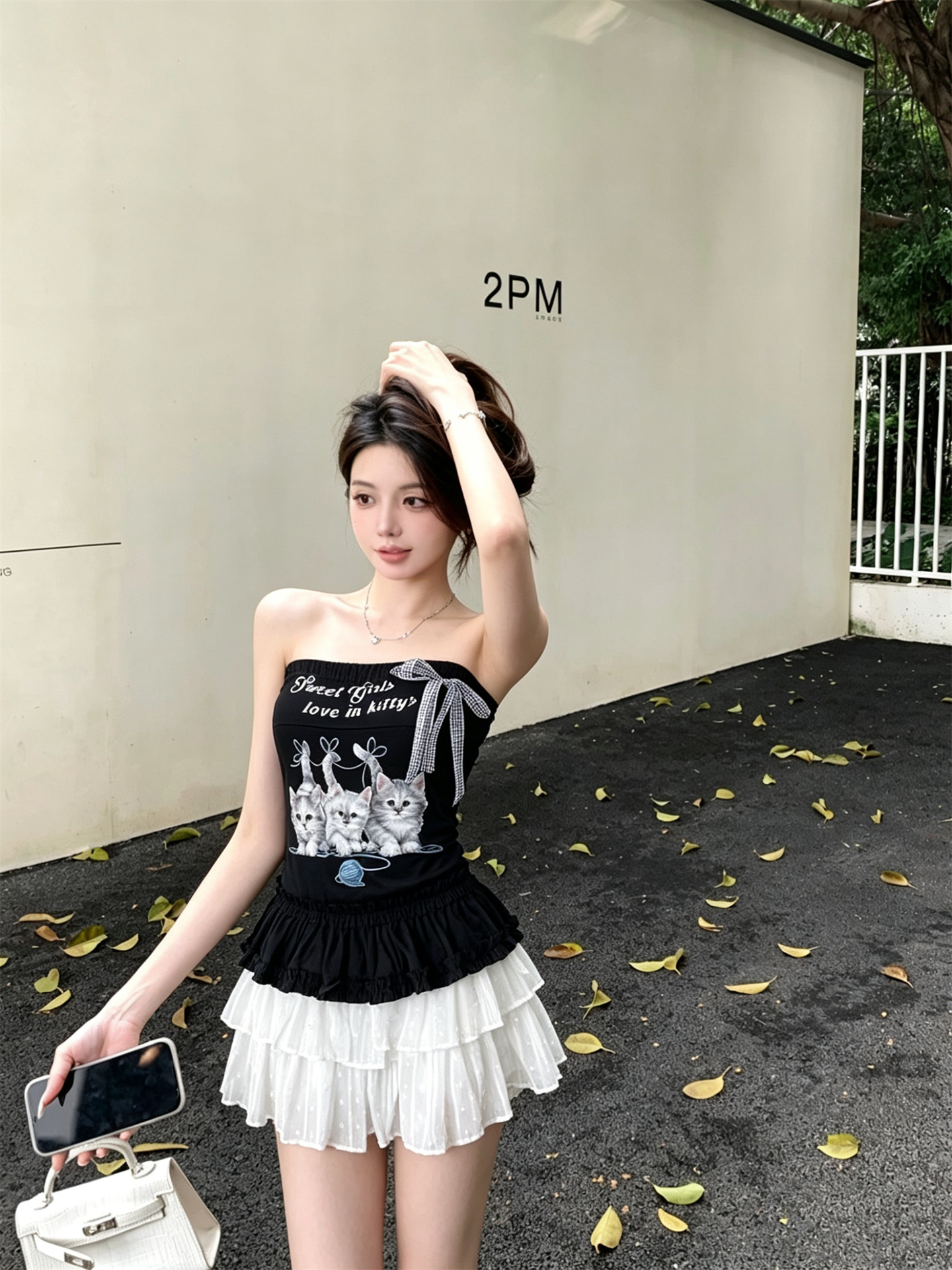 실사 정가 고양이 프린트 나비 매듭 연령 감소 몸매 가꾸기 튜브탑 맨위