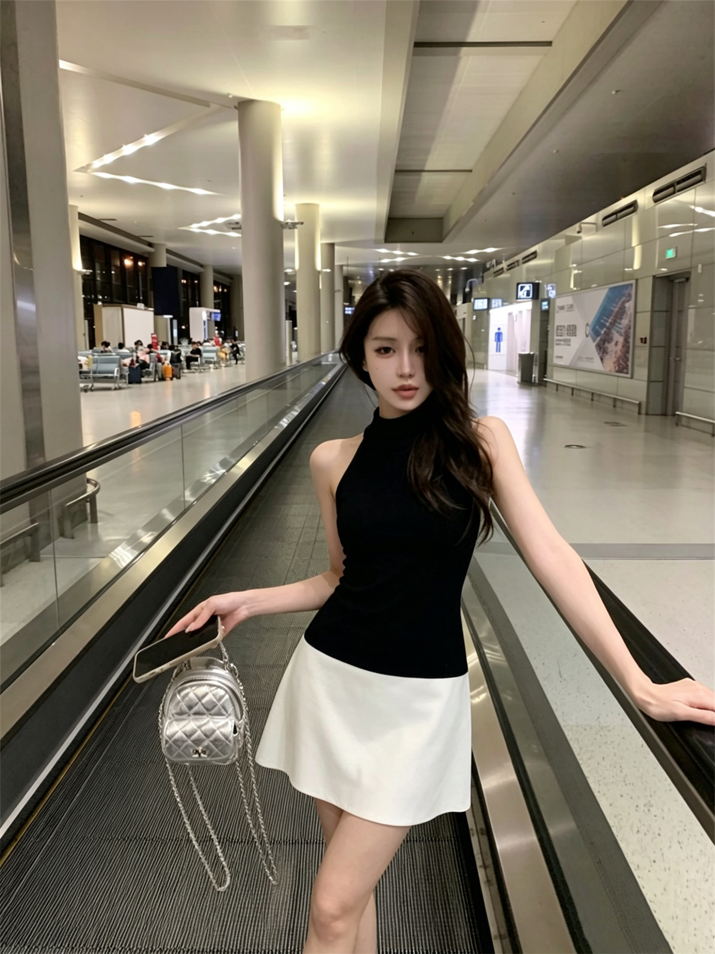 실사 정가 미니멀리즘 패션 품격 패치워크 색상 몸매 가꾸기 행침 목 드레스