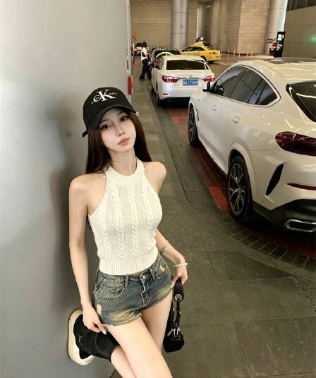 실사 정가 아메리칸 레트로 꽈배기 디자인 센스 몸매 가꾸기 니트 민소매 행침 목 조끼
