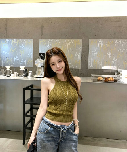 실사 정가 아메리칸 레트로 꽈배기 디자인 센스 몸매 가꾸기 니트 민소매 행침 목 조끼