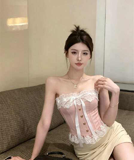 실사 정가 달콤함 품격 연령 감소 레이스 레이스 패치워크 나비 매듭 튜브탑 맨위