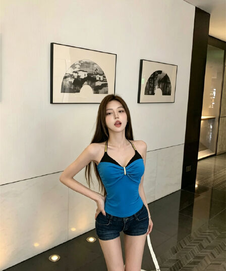 실사 정가 순수한 욕망 섹시함 패치워크 배색 페이크 레이어드 캐미솔