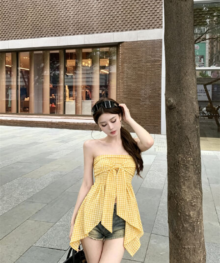 실사 정가 소녀 센스 연령 감소 체크무늬 부서 나비 매듭 튜브탑 조끼