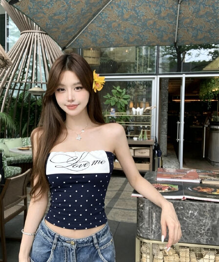 실사 정가 핫걸 배색 도트 무늬 알파벳 몸매 가꾸기 뒤집다 측면 튜브탑 조끼