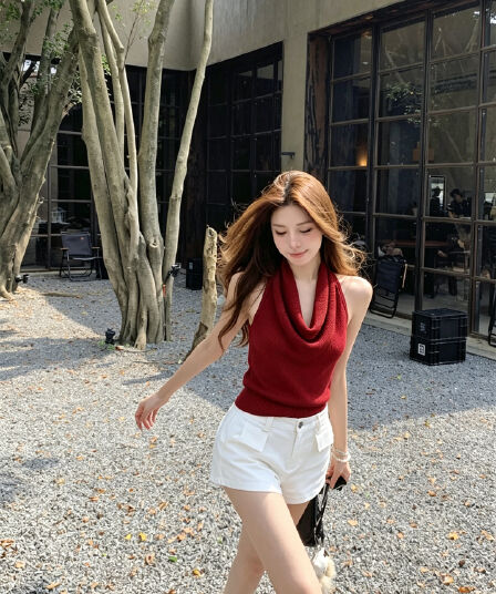 실사 정가 품격 행침 목 흔들다 칼라 매듭 백리스 슬림해 보이는 니트 조끼