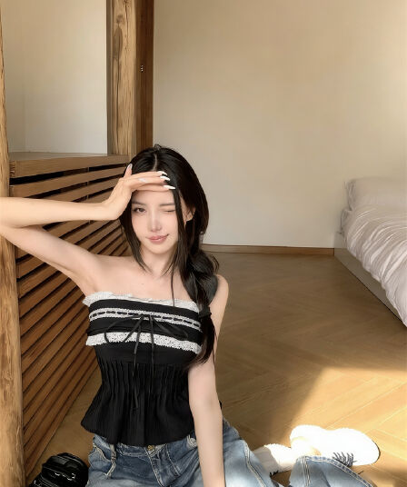 실사 정가 레이스 민소매 오프숄더 스트랩 캐미솔 허리 수축 튜브탑