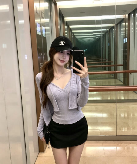실사 정가 자외선 차단 얇은 스타일 니트 구덩이 기사 슬림해 보이는 슬립 오픈 가디건 투피스 세트