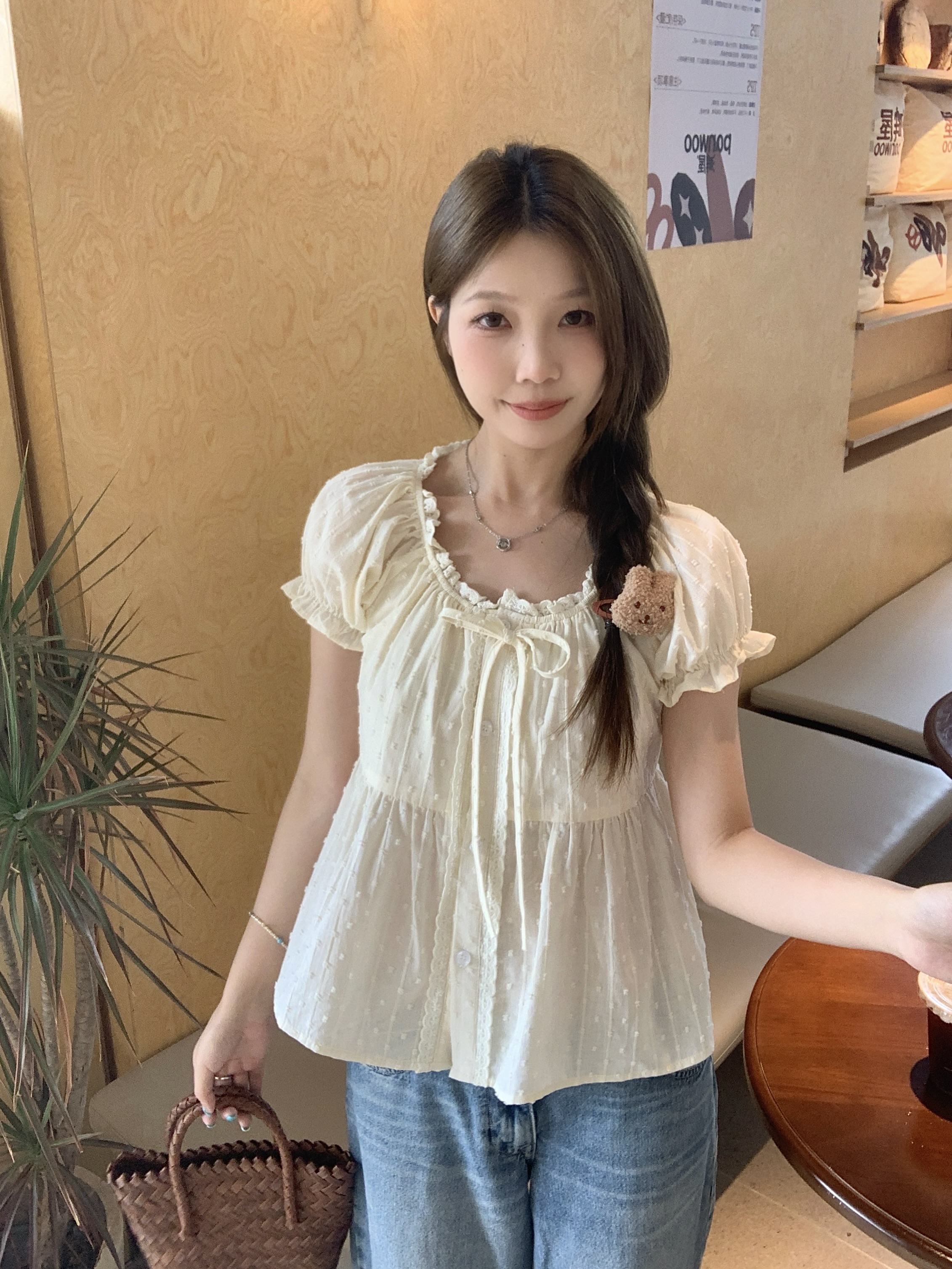 실사 빅 사이즈 여성 의류 작은 키 레이스 레이스 거품 소매 셔츠 살구 색상 표지 고기 반팔 Chic 셔츠