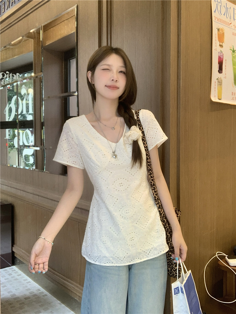 실사 빅 사이즈 여성 의류 순수한 욕망 바람 홀로우 아웃 자수 레이스 반팔 셔츠 고급 센스 레이스업 중간 길이 맨위