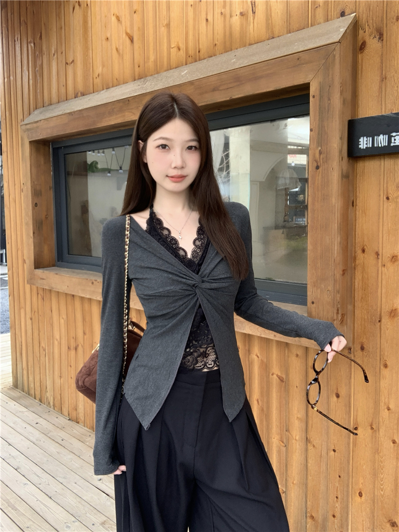실사 빅 사이즈 여성 의류 지방 mm 긴팔 기본 셔츠 이른 가을 한 부서 착용 가져 가라. 레이스 티셔츠 페이크 레이어드 핫걸 맨위
