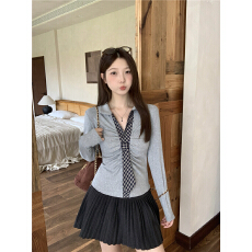 批发实拍~大码女装<b class='q'>秋</b>冬韩版学院风polo领格纹领带修身长袖T恤打底上衣