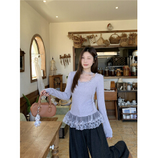 批发实拍~大码女装胖mm纯欲风蕾丝拼接长袖T恤修身显瘦内搭打底衫上衣