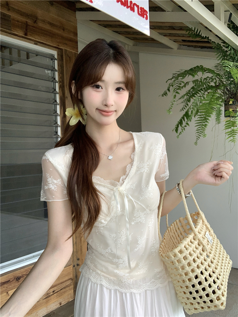 실사 빅 사이즈 여성 의류 지방 mm 순수한 욕망 섹시함 V넥 레이스 나비 매듭 핫걸 반팔 만나는 작은 셔츠 맨위