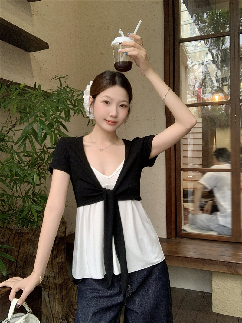 실사 빅 사이즈 여성 의류 지방 mm 반팔 V넥 허리 수축 스트랩 외부 가져 가라. 슬림해 보이는 표지 고기 슬립 맨위 투피스 세트