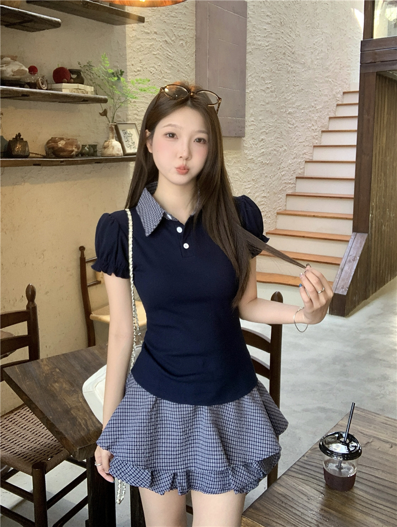 실사 빅 사이즈 여성 의류 지방 mm 학원 스타일 체크무늬 배색 poio 칼라 반팔 티셔츠 꽃밭 치마바지 투피스 슈트