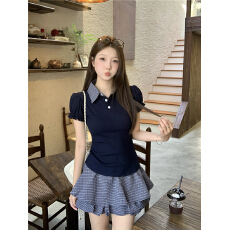 批发实拍~大码女装胖mm学院风格子撞色POIO领短袖T恤花苞裙裤两件套装