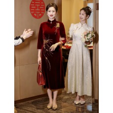 批发喜婆婆婚宴装2025新款秋款高贵婚礼礼服妈妈婚宴旗袍金丝绒结婚女