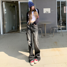 批发【BSF.cn】新宿街头感酷飒日系基础时髦｜秋冬炭茶色宽松微喇牛仔