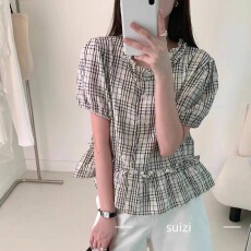 批发2025<b class='q'>韩国</b>东大门<b class='q'>代购</b>夏装女装新款圆领甜美木耳边格子短袖宽松衬衫