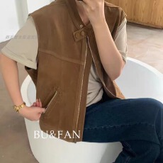 批发2025秋季款立领拉链麂皮绒马甲女复古机车风无袖短外套