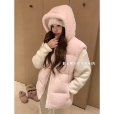 批发韩系超温柔毛茸茸连帽棉服马甲女秋冬宽松少女风甜妹百搭加厚外套